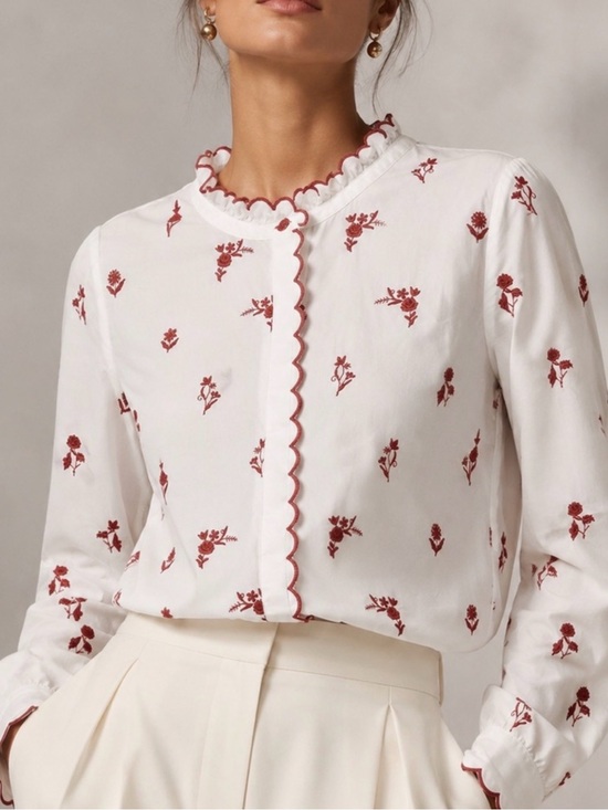 Talbots Tops - Talbots Floral Embroidered Ruffle-Trim Blouse